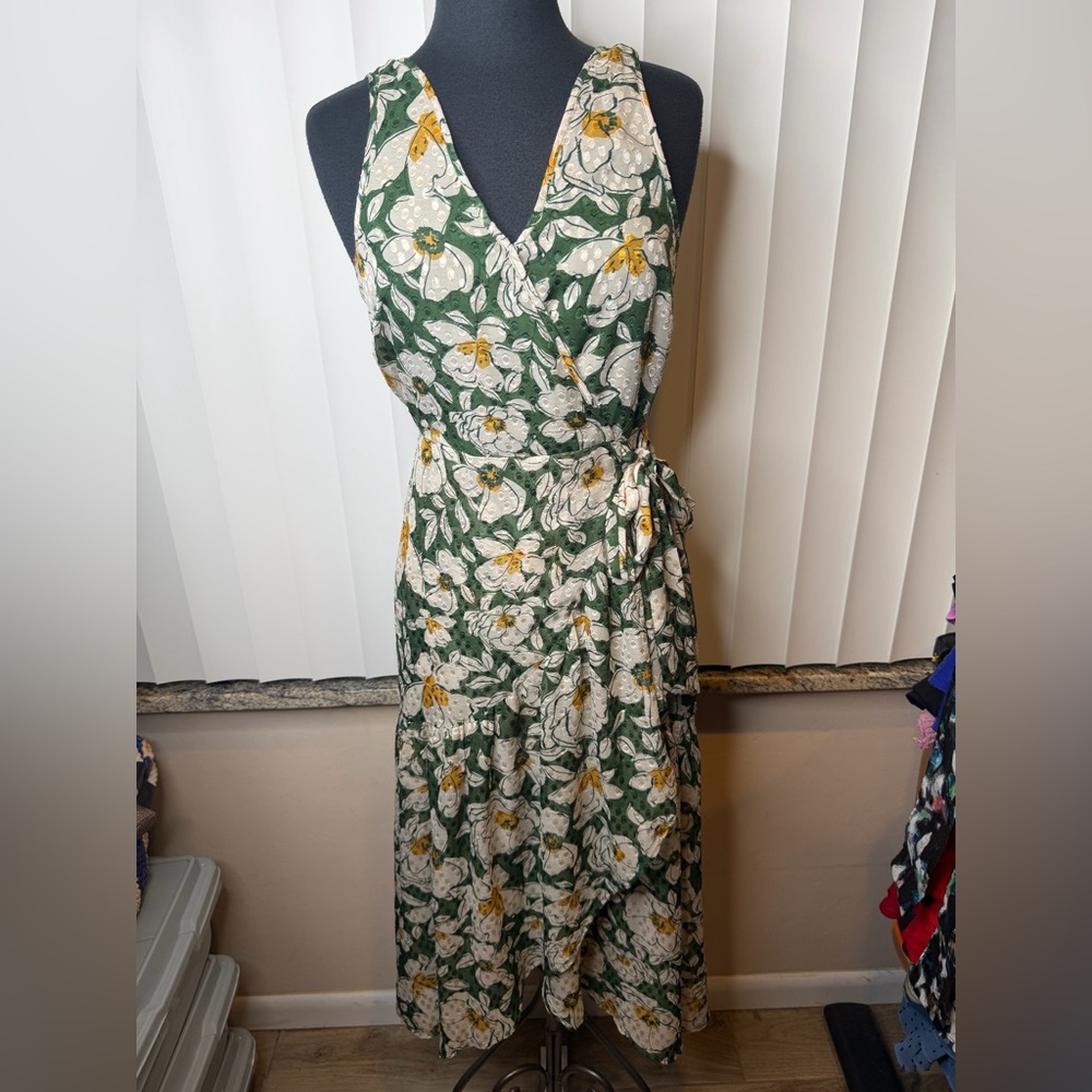 Band of Gypsies Floral Green White Wrap Tiered Dress Size Small
